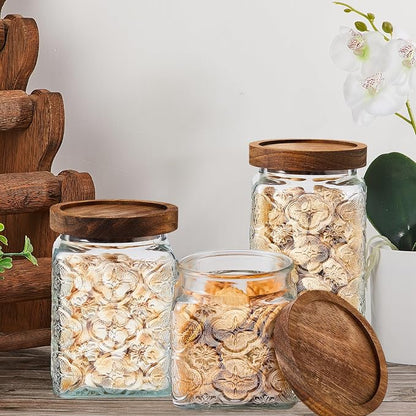 Gerrii Clear Begonia Square 5 Pcs Vintage Glass Food Storage Containers 17/24/34 oz Glass Jar with Lid Airtight Candy Food Canisters for Kitchen Counter Pantry Coffee Beans