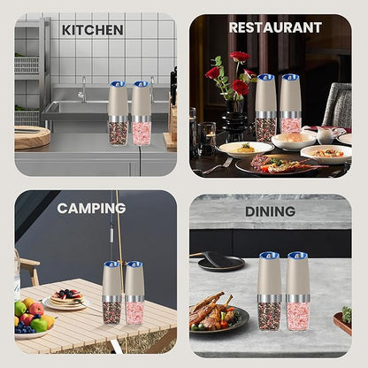 Battery Operated Salt And Pepper Grinder Set with LED Light, Automatic Electric Gravity Salt And Pepper Shakers Set, Each 6 AAA Batteries Needed, Adjustable Roughness, 2 Pack (Khaki)