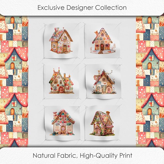 Patchwork Fairy Cottage Cotton Fabric Panel – 6 Designs (10×10 inch Each) + Bonus Sheet 29.5×19.6 inch, 100% Cotton 140 GSM, Made in Türkiye