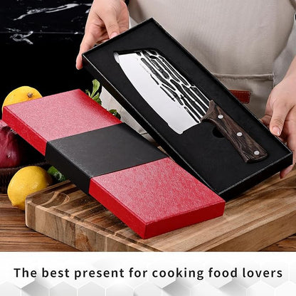 Forged Meat Cleaver Kitchen Butcher Knife for Meat Cutting and Slicing, Serbian Chef Knife with Wood Handle and Gift Packaging