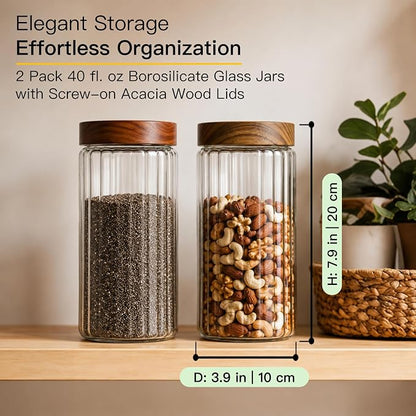 2-pack 40oz Borosilicate Glass Food Storage Jars with Airtight Screw Top Wooden Lids, Leak-Proof Decorative Kitchen & Pantry Canister for Coffee Sugar Cookie Oats Nuts Snacks Fermentation
