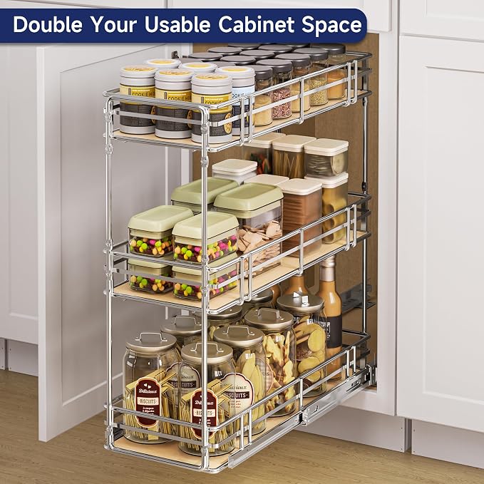 9" W x 20.5" D 3-Tier Pull Out Spice Rack Organizer, Solid Wood Base Slide Out Cabinet Shelf for Narrow Kitchen Cabinets, Chrome Pantry Storage