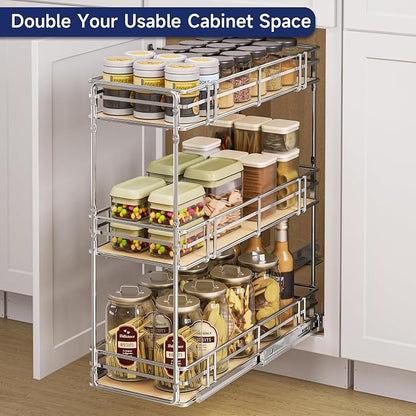9" W x 20.5" D 3-Tier Pull Out Spice Rack Organizer, Solid Wood Base Slide Out Cabinet Shelf for Narrow Kitchen Cabinets, Chrome Pantry Storage