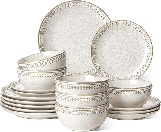 LE TAUCI Dinnerware Sets for 6, 18 Piece Plates and Bowls Sets, Ceramic Kitchen Dish Set, Chip Resistant, Microwave & Dishwasher Safe, Reactive Glaze Beige (8"&10" Plate, 27oz Bowl)