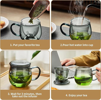 Glass Tea Cup with Infuser and Lid, 17.6oz/520ml Large Borosilicate Teacup, Clear Mug for Loose Leaf Tea, Blooming Tea, Tea Bags - Perfect Christmas or Birthday Gift for Men.