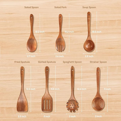 7 PCS Wooden Spoons for Cooking Natural Teak Kitchen Utensils Smooth Non-Stick Surface Cooking Utensils Set Soft Comfort-Grip Wooden Utensils for Cooking