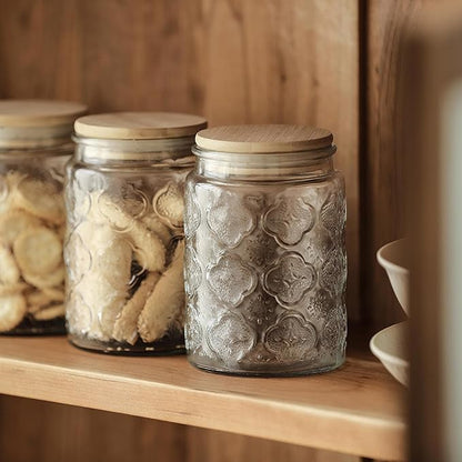 Custde Glass Storage Jars With Airtight Lid, 23.7oz Canister For Kitchen Counter with Bamboo Lid, brown sugar, candy, coffee, cookie, salt, tea,pantry cute Jar (Begonia Flowers*2)