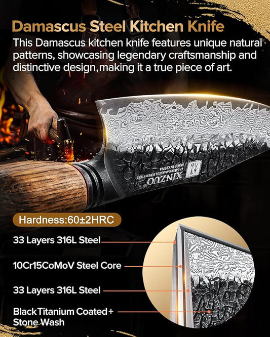 XINZUO 8.6 inch Professional Damascus Chefs Knife,67 Layers Damascus Steel Kitchen Knife,10Cr15CoMoV Steel Core,Very Sharp for Vegetables Meat Cutting for Home Kitchen,Burnt White Oak Wood Handle