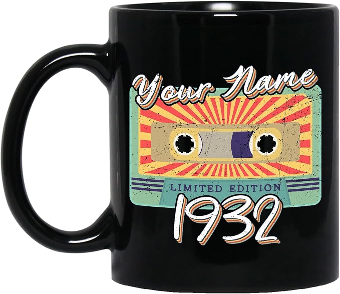 Personalized Vintage Cassette Tape Vintage 1932 Mug, Custom Your Name, 1932 Retro Coffee Mug, 90th Birthday Present Gifts, 1932 Birthday Gift For Friends Family, Customizable Black Tea Cups