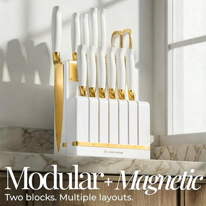 White and Gold Knife Set with Magnetic Knife Holder - Space Saving Convertible In Drawer Knife Set with Built In Sharpener, German Stainless Steel Kitchen Knives