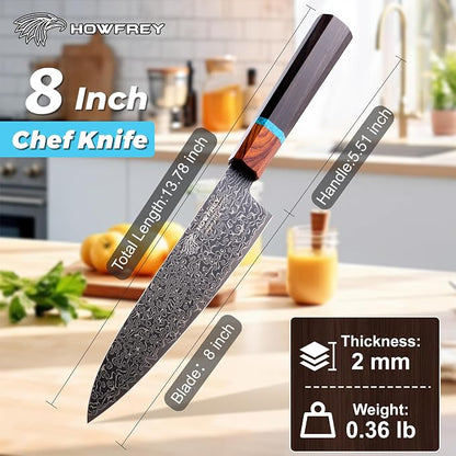 Damascus Chef Knife, 8 Inch 67-Layer Japanese Kitchen Knives Sharp High Carbon Stainless Steel with Ergonomic Pakkawood Handles, Elegant Gift Box Packaging for Home and Kitchen Birthday Dad Mom Gift