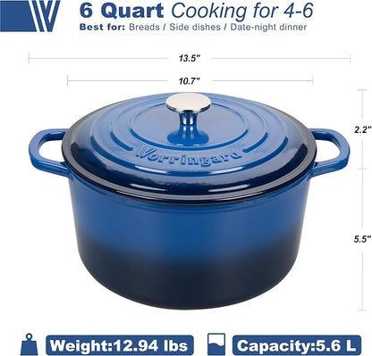 VORRINGARD Enameled Cast Iron Dutch Oven Pot with Lid, for Sourdough Bread Baking, Round Dutch Ovens, 6 Quart, Blue