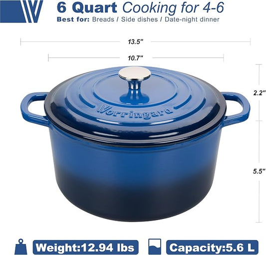 VORRINGARD Enameled Cast Iron Dutch Oven Pot with Lid, for Sourdough Bread Baking, Round Dutch Ovens, 6 Quart, Blue