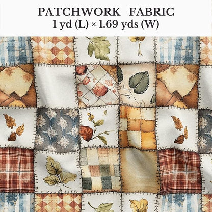 Patchwork Cotton Fabric Panel 61 x 36.6 Inches, Autumn Leaves Quilt Style Pattern, Rustic Brown Beige Blue Design, 100% Cotton 140 GSM