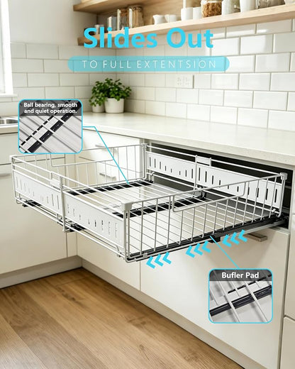 KimHong 2 Pack Pull Out Cabinet Organizer, Expandable Drawer Organizer with Adjustable Width 12.4"-19.5", Adhesive No Drill Under Cabinet Shelves for Home Kitchen Pantry with Silent Slides