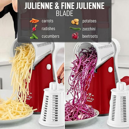 Zulay Kitchen Rotary Cheese Grater 5 Blade Cheese Shredder - Manual Hand Crank Cheese Grater With Reinforced Suction & 5 Interchangeable Drums - Easy to Use, Vegetable Chopper Round Mandoline Slicer