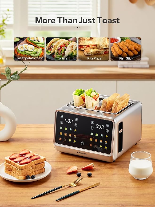 4 Slice Touchscreen Toaster, Digital Display Stainless Steel Toaster with Extra Wide Slots, 6 Shade Settings, Defrost Reheat Cancel Functions, Removable Crumb Tray
