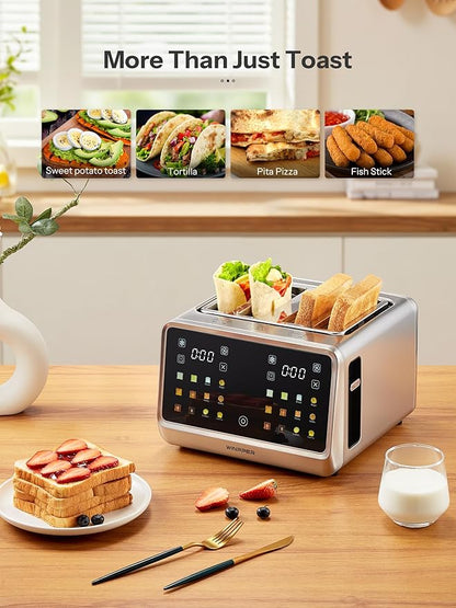 4 Slice Touchscreen Toaster, Digital Display Stainless Steel Toaster with Extra Wide Slots, 6 Shade Settings, Defrost Reheat Cancel Functions, Removable Crumb Tray