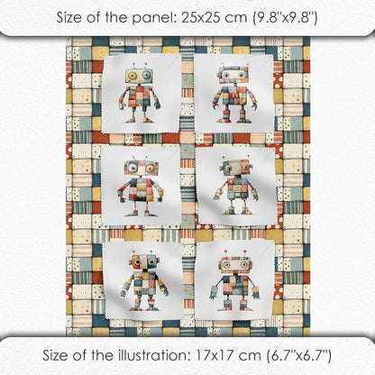 Robot Patchwork Cotton Fabric Panel – 6 Designs (10×10 inch Each) + Bonus Patchwork Sheet 29.5×19.6 inch, 100% Cotton 140 GSM, Made in Turkey