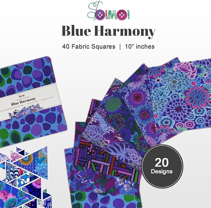 Soimoi 40 Pcs 10 x 10 inches Quilting Fabric Bundles Precut, DIY Cotton Fabric Squares, Printed Layer Cakes Patchwork Materials for Crafts Cloths Decor,Charm Squares for Quilts,Sewing - Blue Harmony
