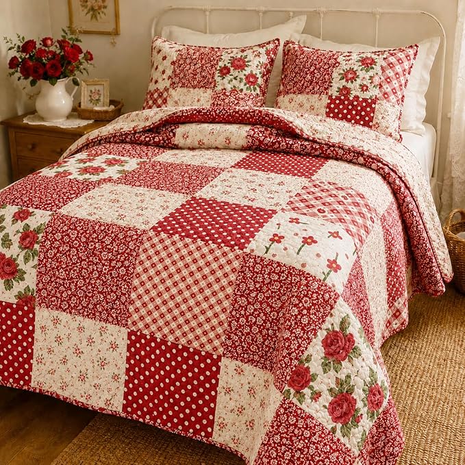 DMFR Red Floral Fabric Squares 5x5 Inch, 42 Pcs 100% Cotton Charm Packs for Quilting, Red and White Precut Quilt Squares for Patchwork, Sewing, Doll Clothes, Scrapbooking and DIY Crafts