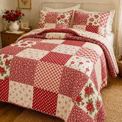 DMFR Red Floral Fabric Squares 5x5 Inch, 42 Pcs 100% Cotton Charm Packs for Quilting, Red and White Precut Quilt Squares for Patchwork, Sewing, Doll Clothes, Scrapbooking and DIY Crafts