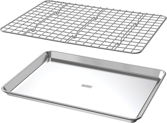 Baker's Secret Non Toxic Bacon Tray for Oven, PTFE, PFAS, PFOA Free, 100% Recycled Aluminum, Bakeware Set Cookie Sheet 18" with Stainless Steel Rack Never Rust - The Natural Aluminum Collection