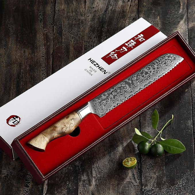 HEZHEN 8.3-Inch Bread Knife – 67 Layers Damascus Steel, Professional Serrated Slicer for Sourdough & Artisan Bread, Figured Sycamore Handle