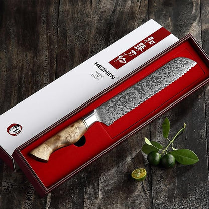 HEZHEN 8.3-Inch Bread Knife – 67 Layers Damascus Steel, Professional Serrated Slicer for Sourdough & Artisan Bread, Figured Sycamore Handle