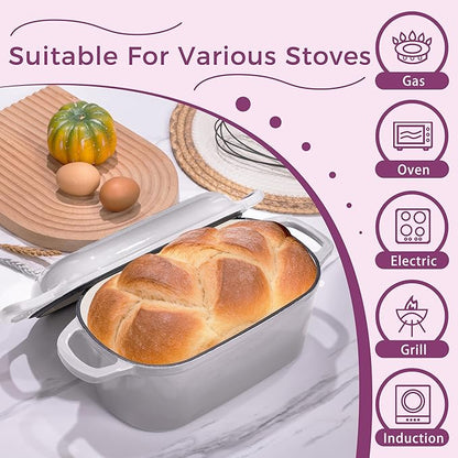 4.6-Quart Oval Dutch Oven for Bread Baking, 2 in 1 Cast Iron Bread Pan with Lid, Sourdough Baking Pan for a Crispy Crust, Oyster Grey