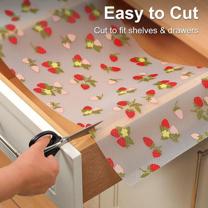 Cooyes Shelf Liner for Kitchen Cabinets, Premium Non-Adhesive EVA Mats for Drawers, Shelves, Refrigerator, Pantry Storage, Bathroom Closet, Fridge (11.8" W x 360" L, Red Strawberry)