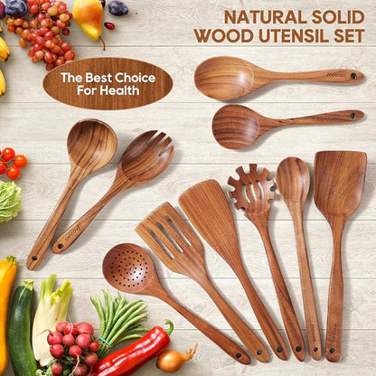 Wooden Spoons for Cooking, 10PCS Teak Wood Cookware Utensil Set with Hooks - Smooth Finish, Non-Stick, Comfortable Grip, Heat Resistant Kitchen Utensils
