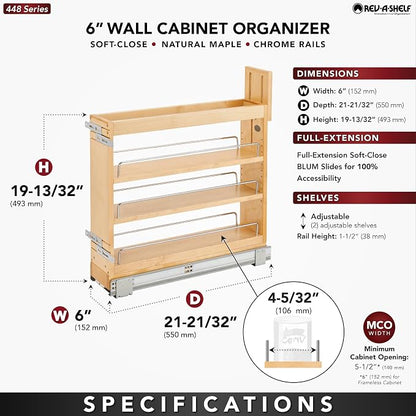 Rev-A-Shelf 5" Pullout Storage Organizer for Base Kitchen/Bathroom Cabinets, Spice Rack/Pantry Shelves with Soft-Close Slides, Wood, 448-BDDSC-5C