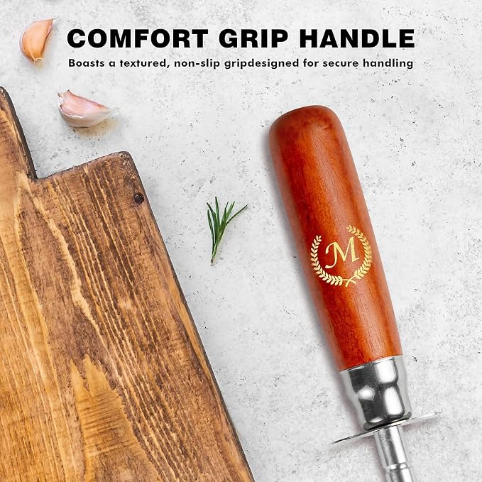 Knife Sharpener Rod, 13 Inch Carbon Steel Honing Steel for Kitchen Knives, Professional Magnetized Sharpening Stick with Nickel-Chrome Plating, Easy Grip Tool for Chef Knives (Laurel M, Wooden Handle)