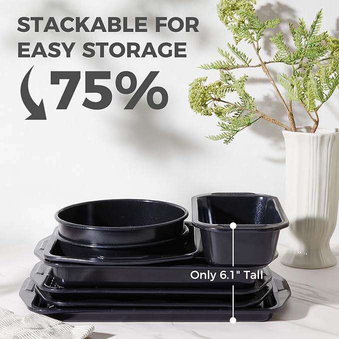 HONGBAKE 9-Piece Nonstick Bakeware Set, Wave Texture for Easy Release, 0.8mm Thick Non-Toxic Baking Pans Set, Includes Stackable Cookie Sheets, Shimmer Blue