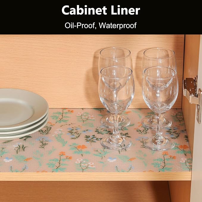 INNOLITES Shelf Liners for Kitchen Cabinets – Drawer Liner Waterproof & Oil-Proof, Non-Adhesive EVA with Floral Pattern – Durable Washable, Easy to Cut (Sage Green, 17.5" x 78.7")