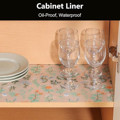 INNOLITES Shelf Liners for Kitchen Cabinets – Drawer Liner Waterproof & Oil-Proof, Non-Adhesive EVA with Floral Pattern – Durable Washable, Easy to Cut (Sage Green, 17.5" x 197")