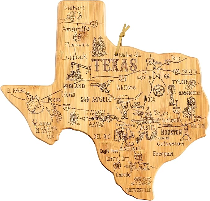 Totally Bamboo Destination Texas State Shaped Bamboo Cutting Board, Charcuterie and Serving Board for Kitchen with Hang Tie for Wall Display