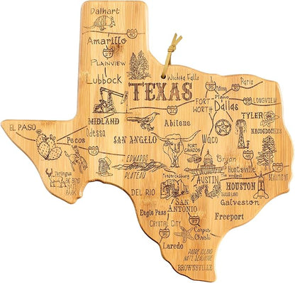 Totally Bamboo Destination Texas State Shaped Bamboo Cutting Board, Charcuterie and Serving Board for Kitchen with Hang Tie for Wall Display