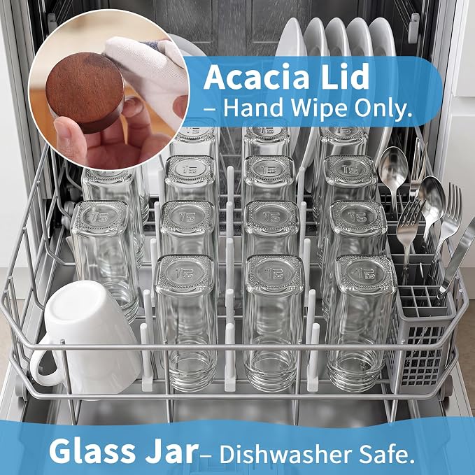 Yangbaga Glass Spice Containers for Kitchen: 24p 4oz Durable Glass Dishwasher Safe Jars for Cooking Enthusiasts- Airtight Acacia lid 500X Open-Close no Loose - Gift/Daily Use for Housewives