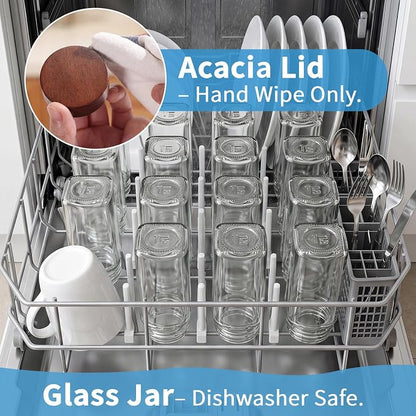 Yangbaga Glass Spice Containers for Kitchen: 24p 4oz Durable Glass Dishwasher Safe Jars for Cooking Enthusiasts- Airtight Acacia lid 500X Open-Close no Loose - Gift/Daily Use for Housewives