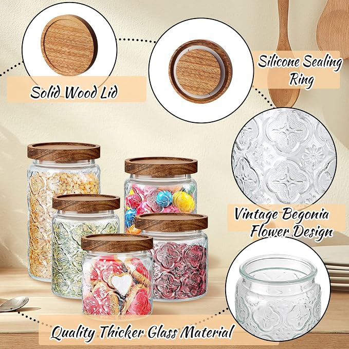 Gerrii Clear Begonia Round 5 Pcs Vintage Glass Food Storage Containers 17/24/34 oz Glass Jar with Lid Airtight Candy Food Canisters for Kitchen Counter Pantry Coffee Beans