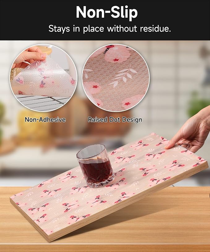 Shelf Drawer Liner for Kitchen Cabinets Non Adhesive - Thickened Kitchen Cabinet Liner - Waterproof Easy to Clean Washable Cabinet Liners for Dresser, Pantry, Cupboard(Pink Butterfly, 11.8"W x 236"L)