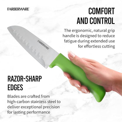 Farberware Chef Knife Set with Colorful Handles, Stainless Steel Blades with Blade Covers Included, Versatile Kitchen Knives, 4-Piece