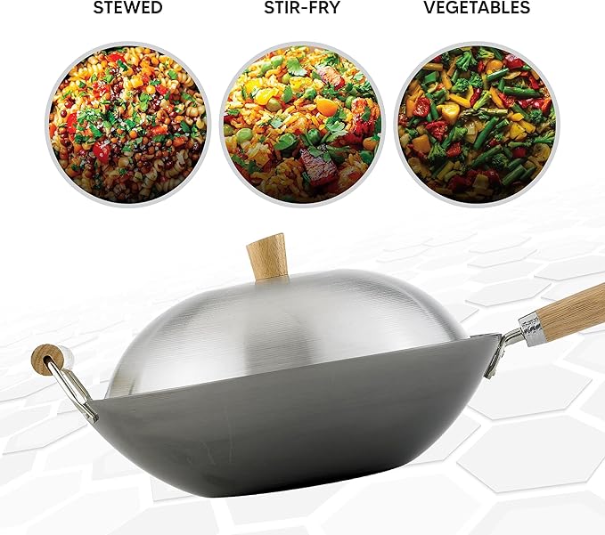 Helen's Asian Kitchen Carbon Steel 4-Piece Wok Set, 13.5-Inch With Lid