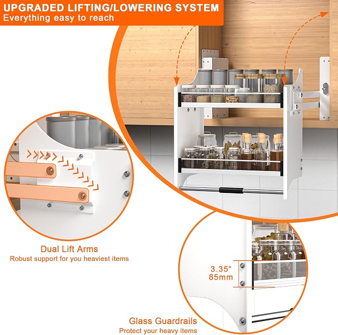 2-Tier Pull Down Shelf Organizer for Upper Cabinets - Fits 22-24 Inch Wide Upper Cabinets, Heavy Duty Chrome Steel, Space Saving Storage Solution,white