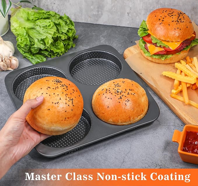 Webake 5" Large Hamburger Bun Pan, Nonstick Bun Pans for Baking, Heavy Gauge Carbon Steel, Homemade Burger Set of 2