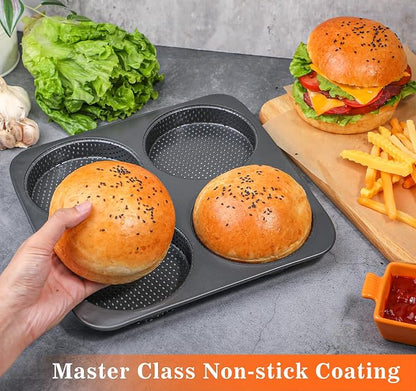 Webake 5" Large Hamburger Bun Pan, Nonstick Bun Pans for Baking, Heavy Gauge Carbon Steel, Homemade Burger Set of 2