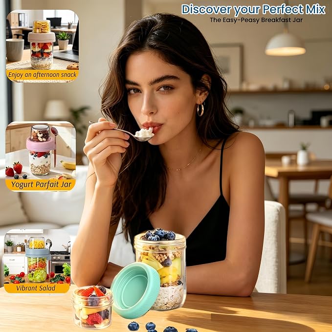 Overnight Oats Containers with Lids and Spoons | 20oz (16+4) 4PCS Dual-Laryer Chia Pudding Jars with Dry and Wet Separation for Snack,Yogurt,Parfait,Salad Dishwasher Safe