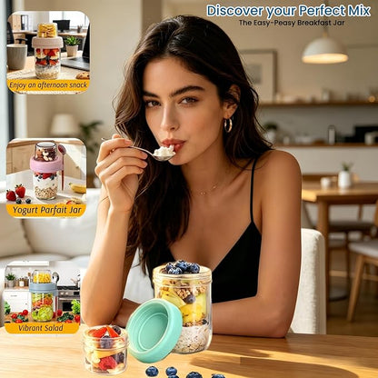 Overnight Oats Containers with Lids and Spoons | 20oz (16+4) 4PCS Dual-Laryer Chia Pudding Jars with Dry and Wet Separation for Snack,Yogurt,Parfait,Salad Dishwasher Safe
